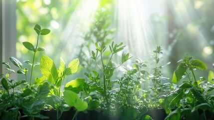 Wall Mural - Lush Green Plants Basking in Sunlight Through a Window