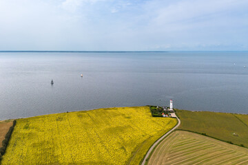 Aerial drone image of white Danish lighthouse Helnæs Fyr on island with yellow rape seed fields along coast shore, in Baltic sea the little belt, strait and cottage house