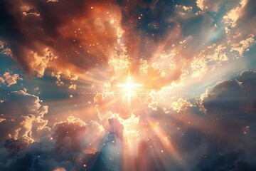 Wall Mural - a bright light shining through a cloudy sky with a cross in the middle, generative ai image