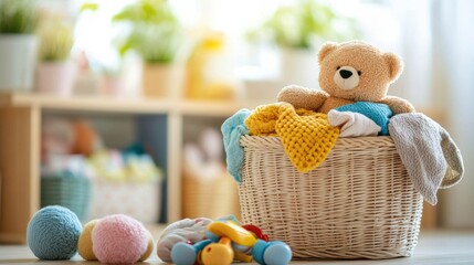 Poster - A laundry basket brimming with vibrant children’s clothing and plush toys sits in a well-lit, inviting room with a warm ambiance. Generative AI