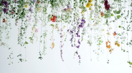 Wall Mural - Hanging Flowers and Greenery Against a White Background