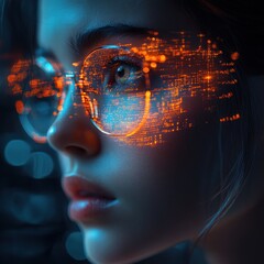 Wall Mural - A young woman wearing glasses with a futuristic design, glowing with digital data, looking to the future.