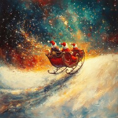 Poster - Santa Claus and his elves fly through a starry sky in a red sleigh, delivering gifts.