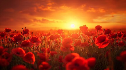 Aufkleber - A field of red poppies with the sun setting in the background