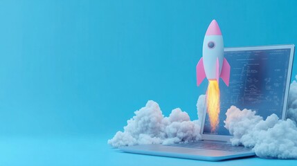 Poster - Rocket coming out of laptop screen, blue background. AI digital illustration