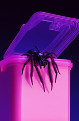 Wall Mural - A 3D render shows a spider hanging from the edge of a pink and purple plastic box with an open lid, set against a dark violet background.Minimal creative Halloween holiday concept.Copy space.	