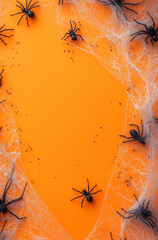 Wall Mural - Halloween background with cobwebs and small spiders on an orange background.Minimal creative holiday concept.Copy space,flat lay.