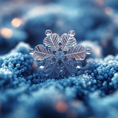 Wall Mural - A single, perfectly formed snowflake rests on a bed of snow, with a blurred background of more snowflakes.