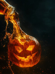 Wall Mural - A weathered face carved in liquid brown whiskey is poured from a bottle, illuminated by orange light against a dark background, creating a striking Halloween concept art style.