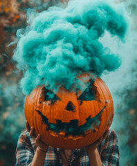 Wall Mural - A pumpkin-headed person holds teal smoke in front of their face . Minimal creative Halloween holiday concept.Copy space.