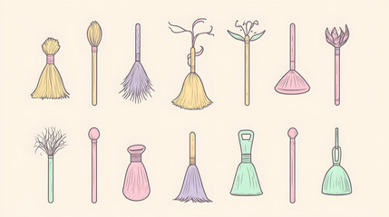minimal pastel witch broom set of icons with soft lines and pastel tones placed on a clean backgroun