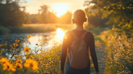 Sticker - A woman walks along a path by a river at sunset. She is wearing a black shirt and a backpack. The sun is setting behind her, casting a golden glow over the scene.