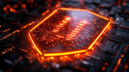 Poster - A glowing orange circuit board with a hexagonal CPU chip in the center.