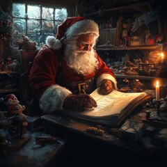 Poster - Santa Claus checks his list in his workshop, illuminated by candlelight.