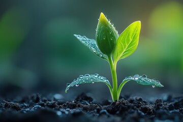 Poster - A single green sprout with water droplets growing from dark soil in a natural setting.