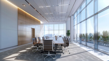 Poster - Modern conference room with large windows, sleek furniture, and spacious layout, ideal for meetings and collaboration. bright atmosphere enhances productivity and creativity