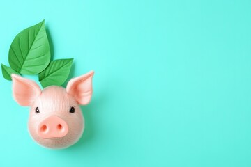 A paper cutout of a pig with a pink snout is on a light blue background , with ample copy space for text.