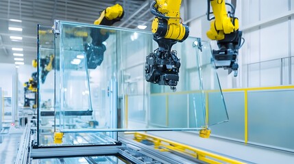 Detailed shot of large glass panes being lifted and transported by automated robotic arms in a modern industrial setting showcasing advanced construction and material handling technology