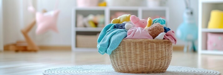 Poster - A laundry basket overflowing with vibrant children's clothing and cuddly toys, set in a well-lit, cheerful room filled with natural light. Generative AI