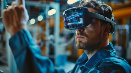 Aufkleber - A man wearing a blue shirt and goggles is looking at a computer screen