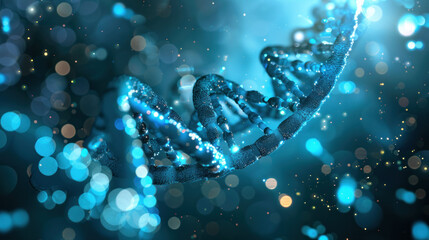 Aufkleber - stunning representation of DNA double helix, illuminated by vibrant blue and teal lights, surrounded by soft bokeh effect. This image captures essence of genetic science and innovation