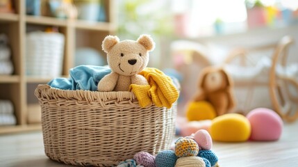 Aufkleber - Brightly colored children's clothes and soft toys fill a laundry basket in a cheerful, sunlit room, creating a cozy atmosphere. Generative AI