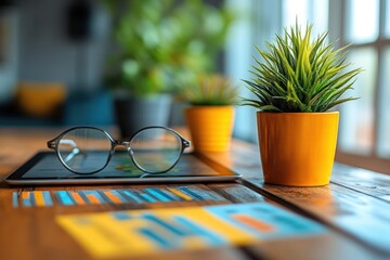 Canvas Print - A tablet, glasses, and potted plants are on a wooden desk.