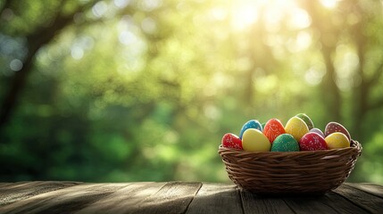 A basket of bright Easter eggs sits on a wooden table, surrounded by a lush green backdrop with beautiful bokeh lighting. Ideal for Easter-themed banners with space for text.