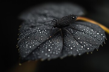 Wall Mural - A black insect with dew drops perched on a dark green leaf.