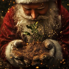 Poster - Santa Claus holds a small green plant in his hands, representing new life and hope.