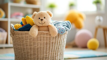 Aufkleber - A laundry basket overflows with vibrant children's clothing and soft toys in a warm, sunlit room filled with joy. Generative AI