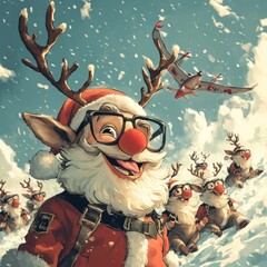 Sticker - Santa Claus in a red suit and reindeer antlers with a big smile, flying in a sleigh pulled by reindeer with a small plane flying overhead.