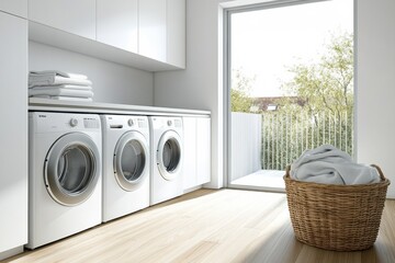 Poster - The laundry room showcases built-in washing and drying machines, sleek cabinetry, and a basket of freshly cleaned clothes nearby. Generative AI