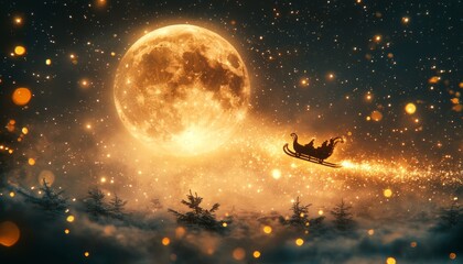 Sticker - Santa Claus in his sleigh flies through the night sky, pulling a trail of shimmering lights, with a full moon and stars in the background.