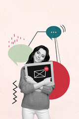 Poster - Composite trend artwork sketch image photo collage of young lady emoji face grimace think mind overcome line mess low battery charge tired