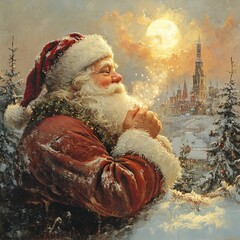 Poster - Santa Claus looks up at the full moon while standing in a snowy landscape.