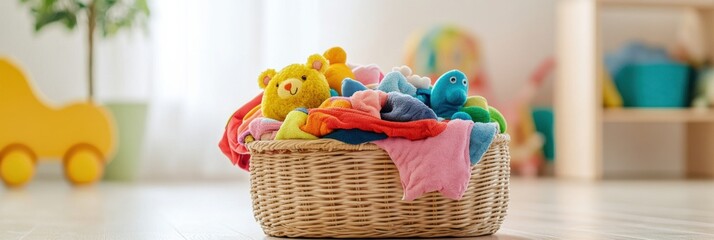 Aufkleber - A cozy room filled with natural light showcases a laundry basket brimming with vibrant children's clothes and soft toys scattered nearby. Generative AI