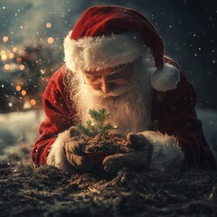 Poster - Santa Claus planting a small pine tree in the snow with Christmas lights in the background.