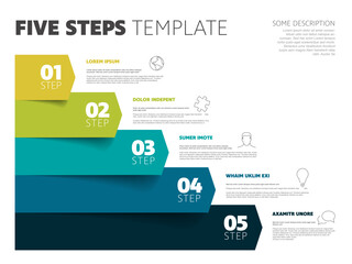 Poster - Five steps progress procedure infochart template with descriptions icons titles and big numbers on blue and gree arrows. Simple inographic describing some process with five steps