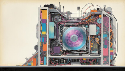 Illustrative representation of a transparent modern computer with all its parts, processes and components in a computing machine