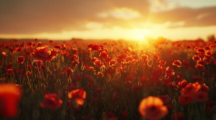 Aufkleber - A field of red poppies with the sun shining on them