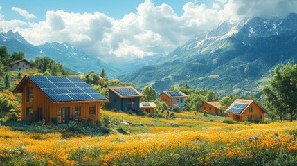 Canvas Print - A row of small, modern, sustainable houses with solar panels on their roofs sit on a grassy hillside amidst a field of yellow flowers, with snow-capped mountains in the background.