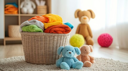 Aufkleber - Brightly colored children's clothes and soft toys fill a laundry basket in a sunny, cheerful playroom setting. Generative AI