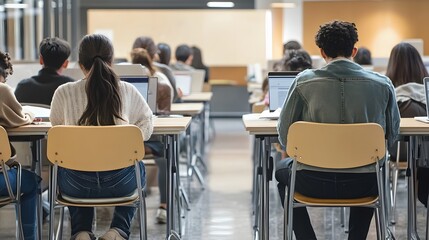 Sticker - Students in a classroom setting, taking an exam or working on an assignment.