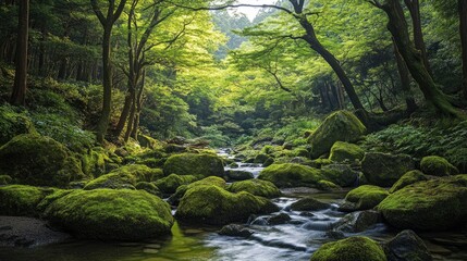 A peaceful valley scene at the Rock Garden of Mt. Mitake, with a winding stream, moss-covered stones, and vibrant greenery under the canopy of towering trees.