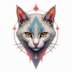 Sketch of cat head tattoo on isolated white background. Sticker cat.