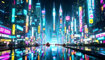 Wall Mural - Neon-lit futuristic cityscape with bustling streets, vibrant signs, and glistening puddles in a dynamic urban atmosphere