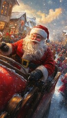 Sticker - Santa Claus rides through a snowy town in a red sleigh, waving to the crowd.