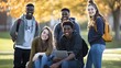 © Felippe Lopes - Group of diverse students smiling in a park.