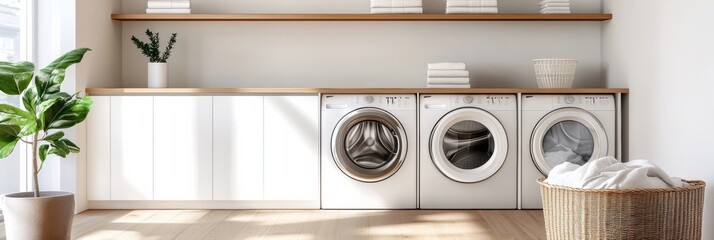 Fototapete - This functional laundry room showcases built-in machines, contemporary cabinetry, and a laundry basket ready for sorting clothes. Generative AI